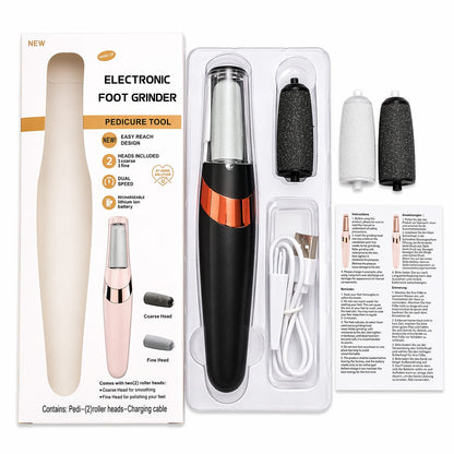 Electronic foot grinder pedicure tool with packaging and accessories on a white background