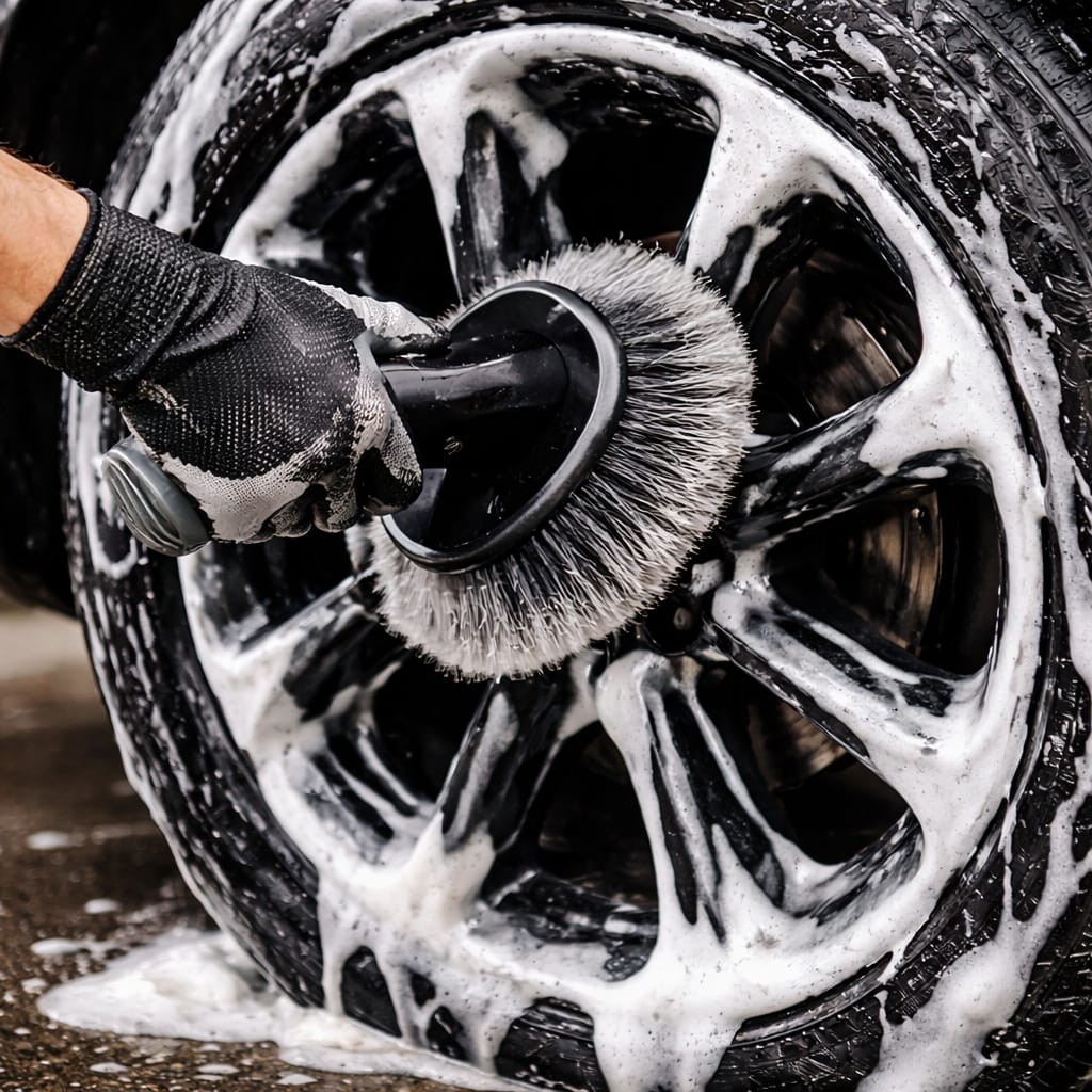 Person cleaning a car tire with a brush covered in soap suds.