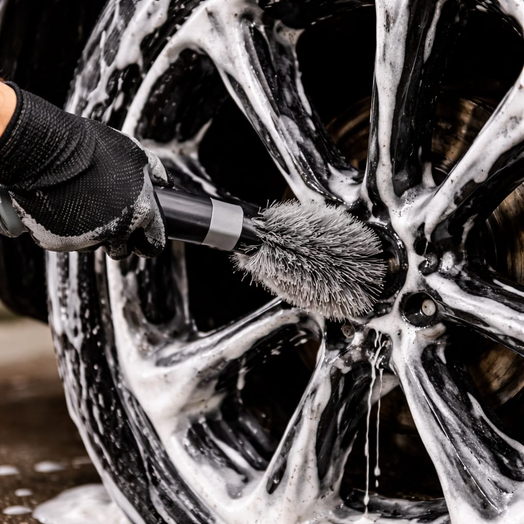Person cleaning a car wheel with a brush and soapy water
