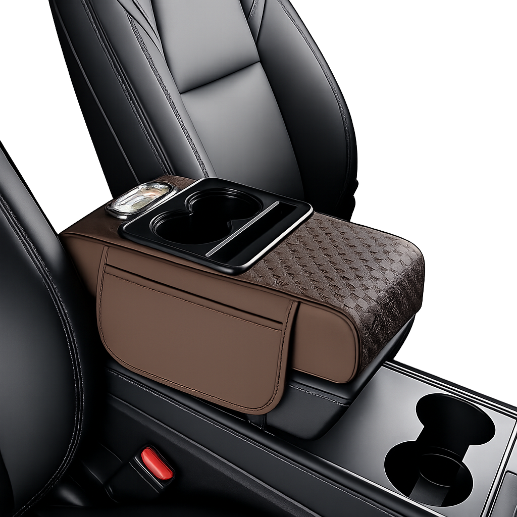 Brown car armrest organizer with cup holder and storage pocket on a car seat.