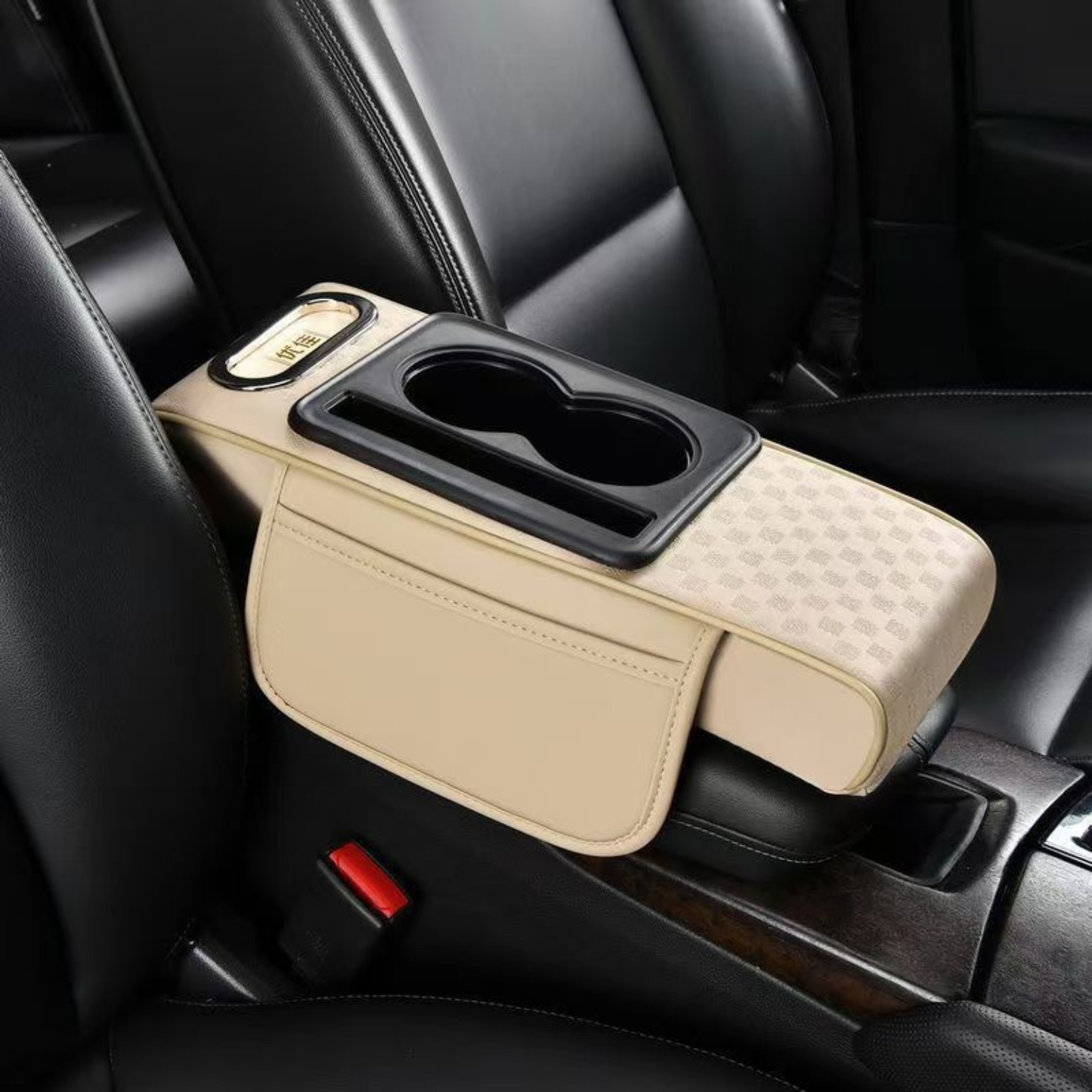 Offwhite Car armrest organizer with cup holder and phone pocket in a vehicle.