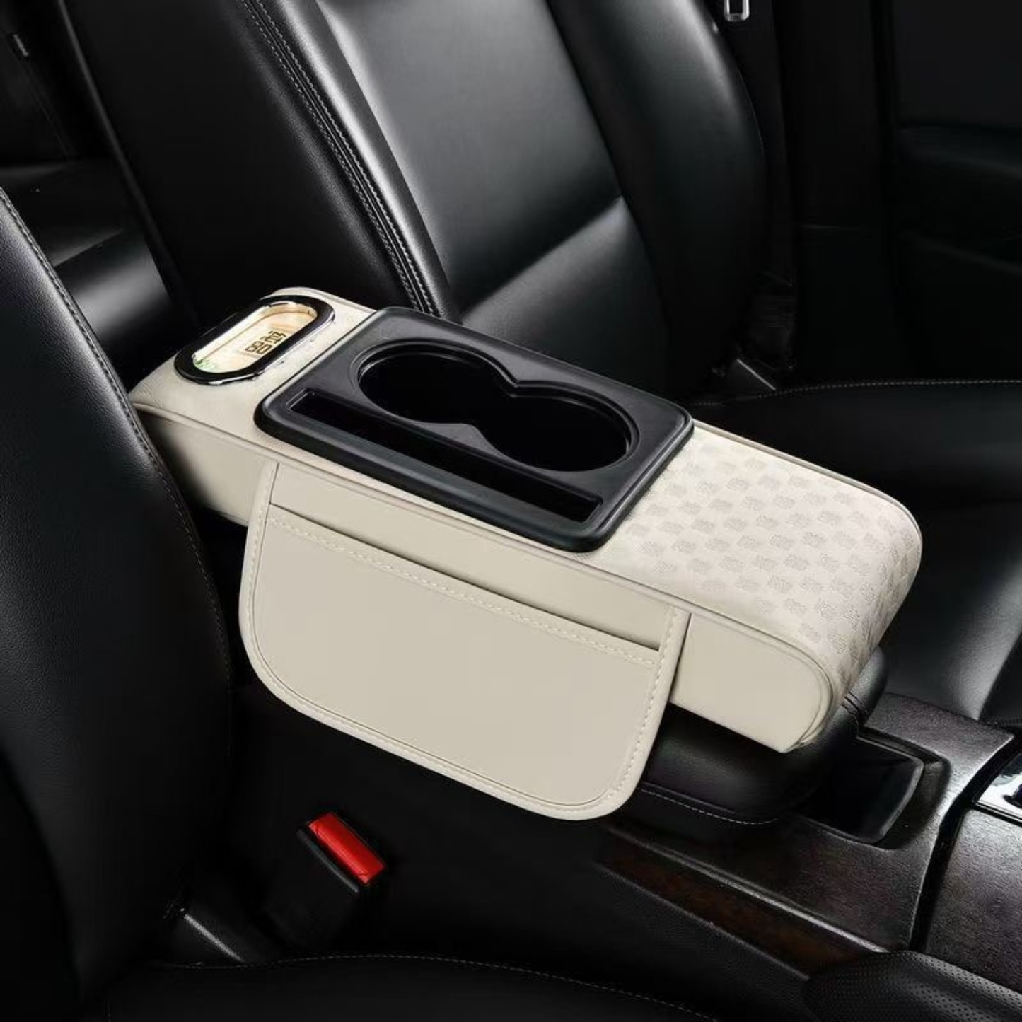 White Car armrest organizer with cup holder and tissue pocket in a vehicle interior.