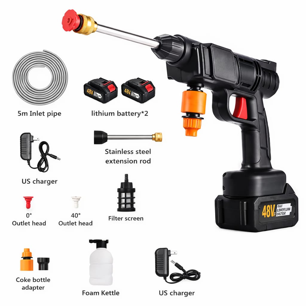 Cordless pressure washer with accessories on a white background