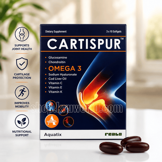 Cartispur dietary supplement packaging withOmega 3 on a blurred background