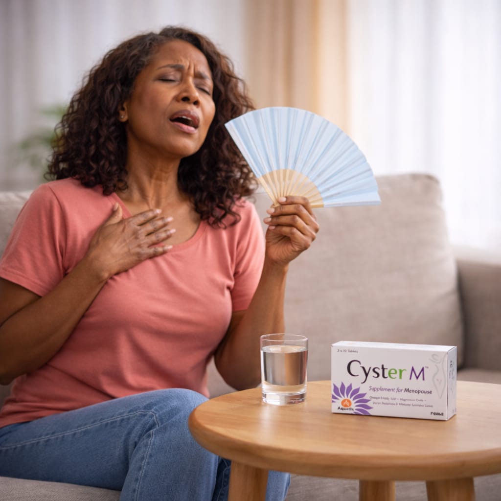 Woman experiencing discomfort holding a fan, with a box of Cyster M on a table.