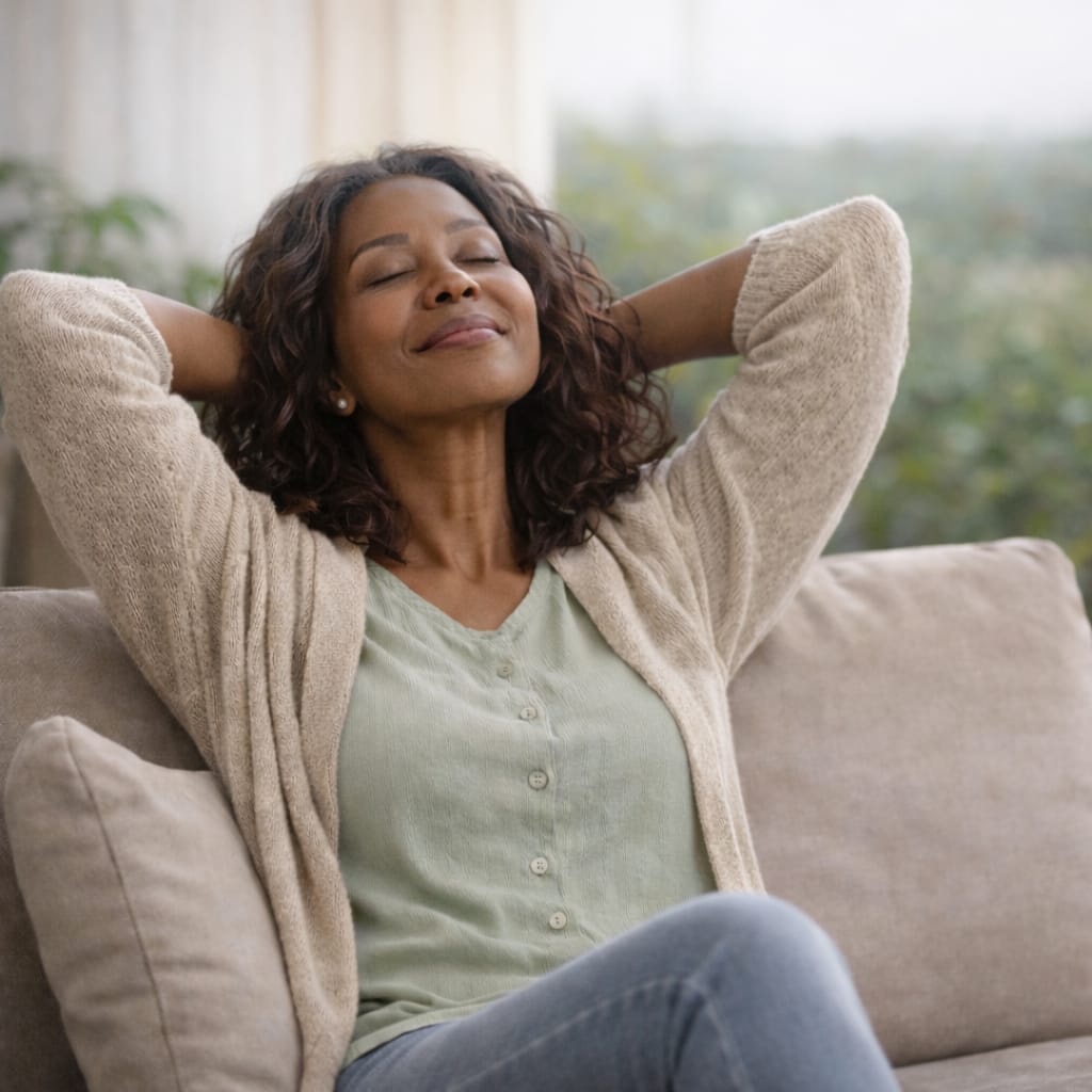 Woman relaxing on a couch with her hands behind her head