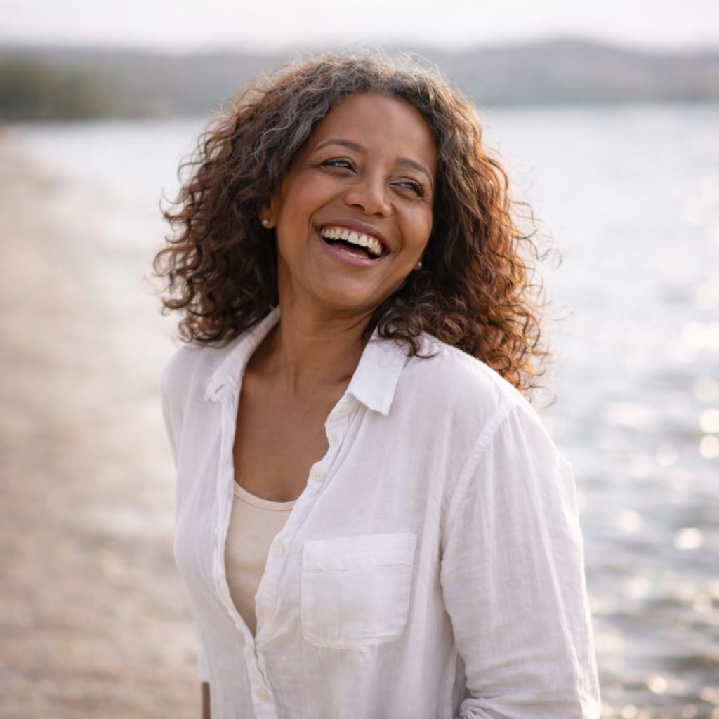 Woman smiling by a body of water