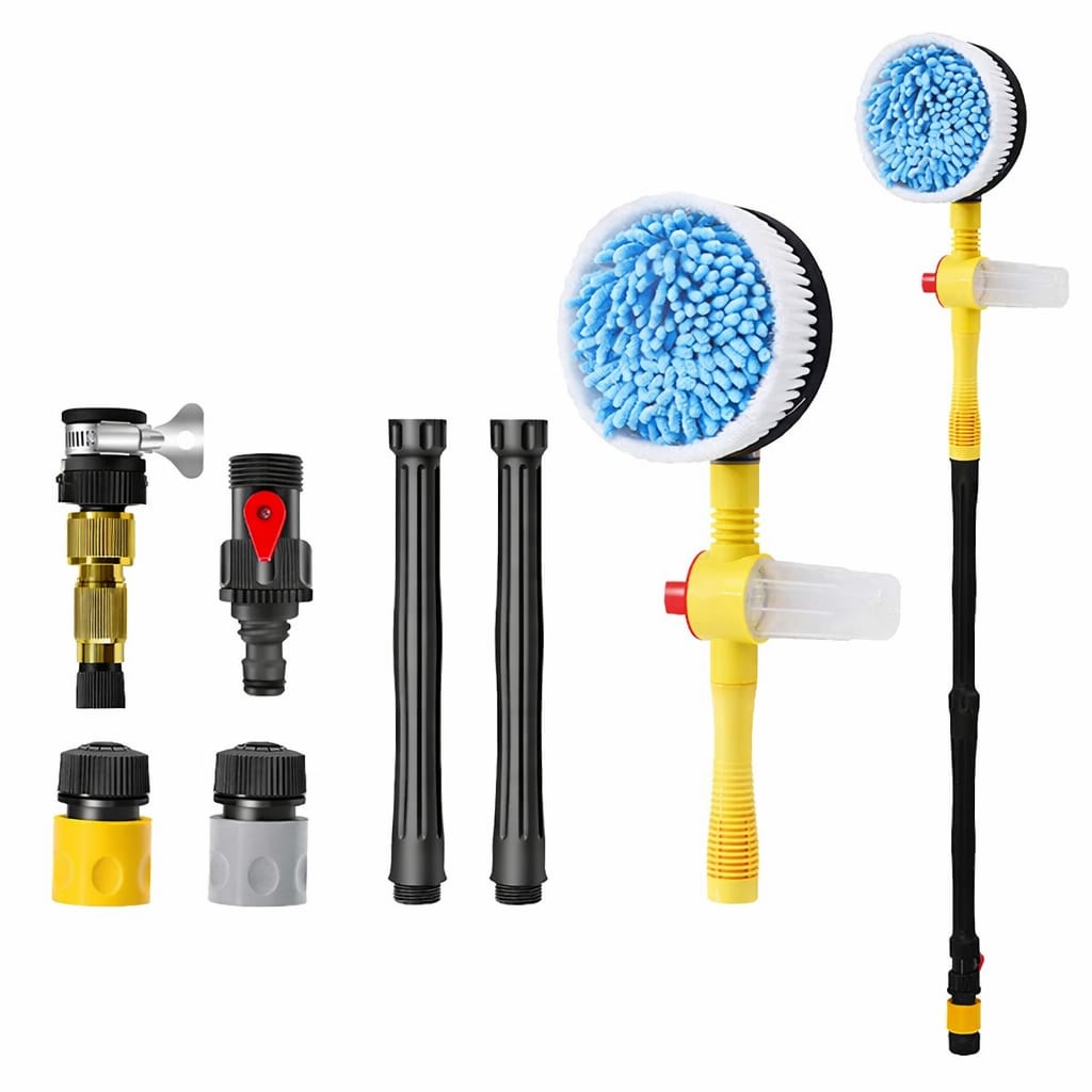 Car wash brush and nozzle set on a white background