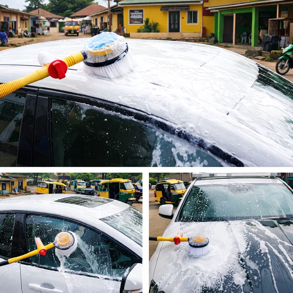 Car washing tool in use on a car with a background of a street scene.