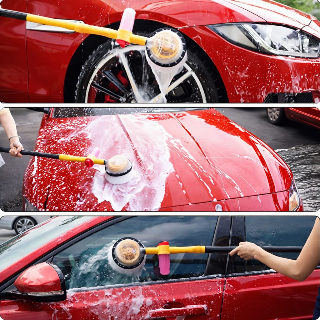 Car washing tool being used on a red car with close-up shots of the cleaning process.