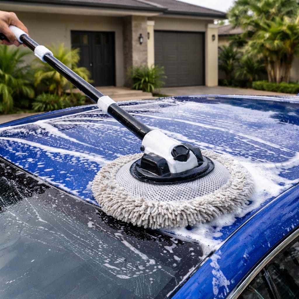 Car cleaning tool with a circular brush cleaning a blue car's hood outdoors.