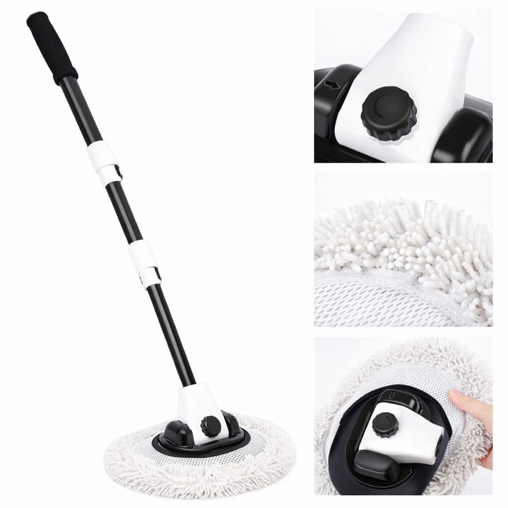 Cleaning tool with a telescopic handle and circular cleaning pad on a white background.