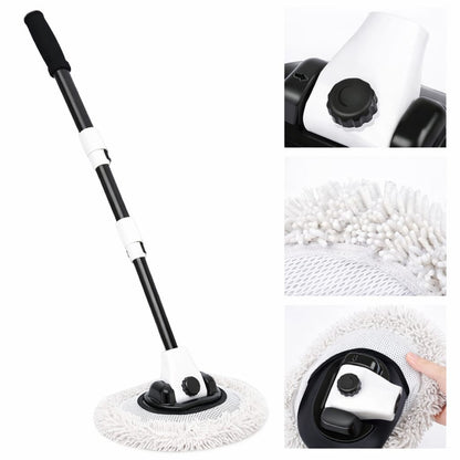 Cleaning tool with a telescopic handle and circular cleaning pad on a white background.