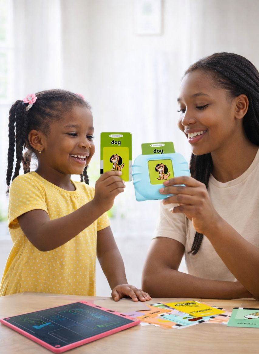 mother and daughter learning with card reader and tablet