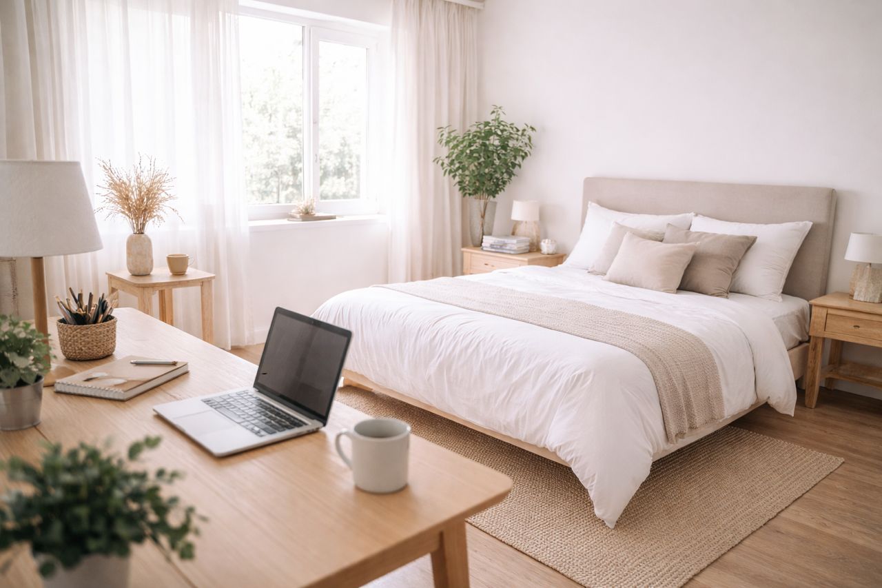 Neatly arranged bedroom with a bed, desk, and laptop.