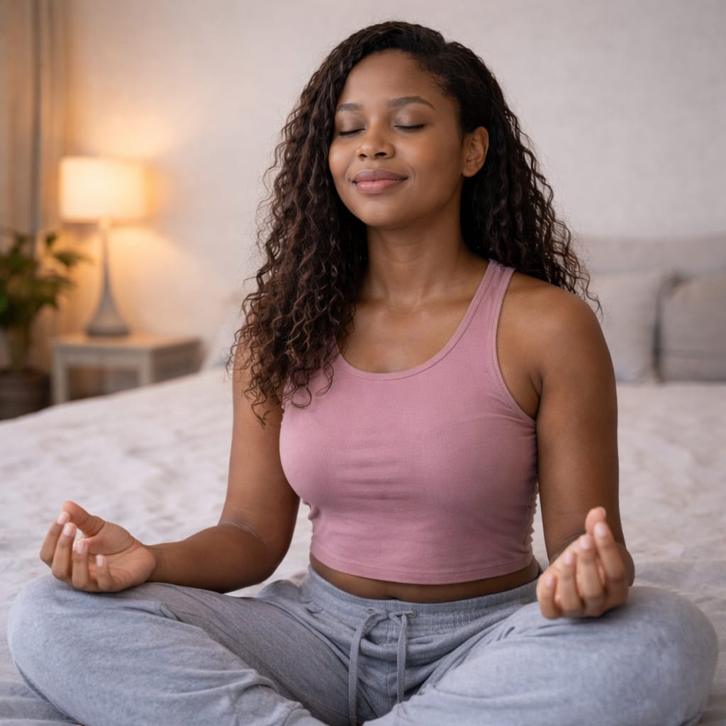 Woman meditating on a bed in a cozy bedroom setting