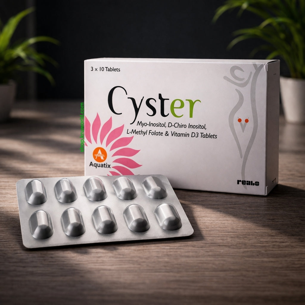 Cyster supplement packaging with tablets on a wooden surface