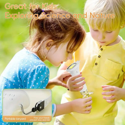 Two children exploring with a scientific device outdoors, text 'Great for Kids Exploring Science and Nature'.