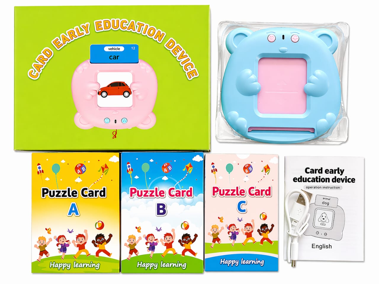 Card early education device with packaging, cards, and manual on a white background
