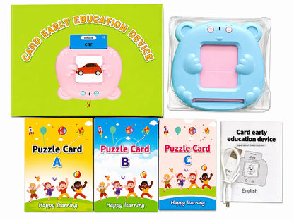Card early education device with packaging, cards, and manual on a white background