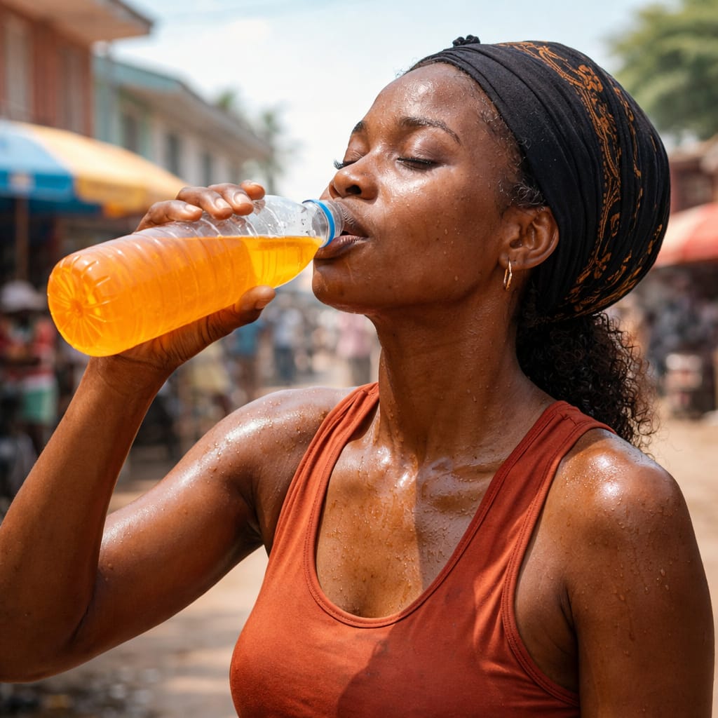 Woman drinking orange juice outdoors on a sunny day
