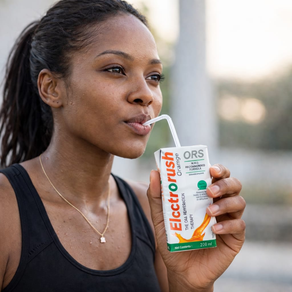 Woman drinking from an Electorush ORS (Orange) carton with a straw.