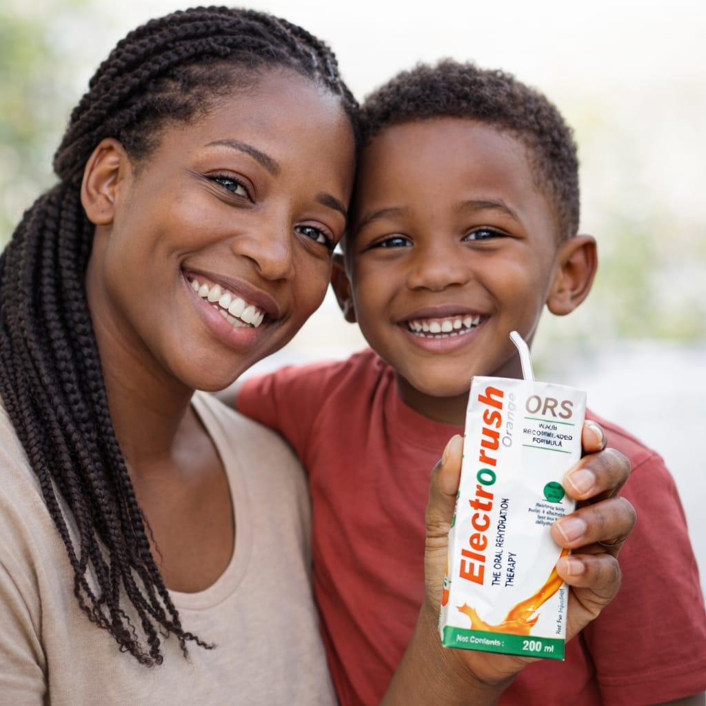 Woman and child holding a box of Electr0rush ORS drink mix.