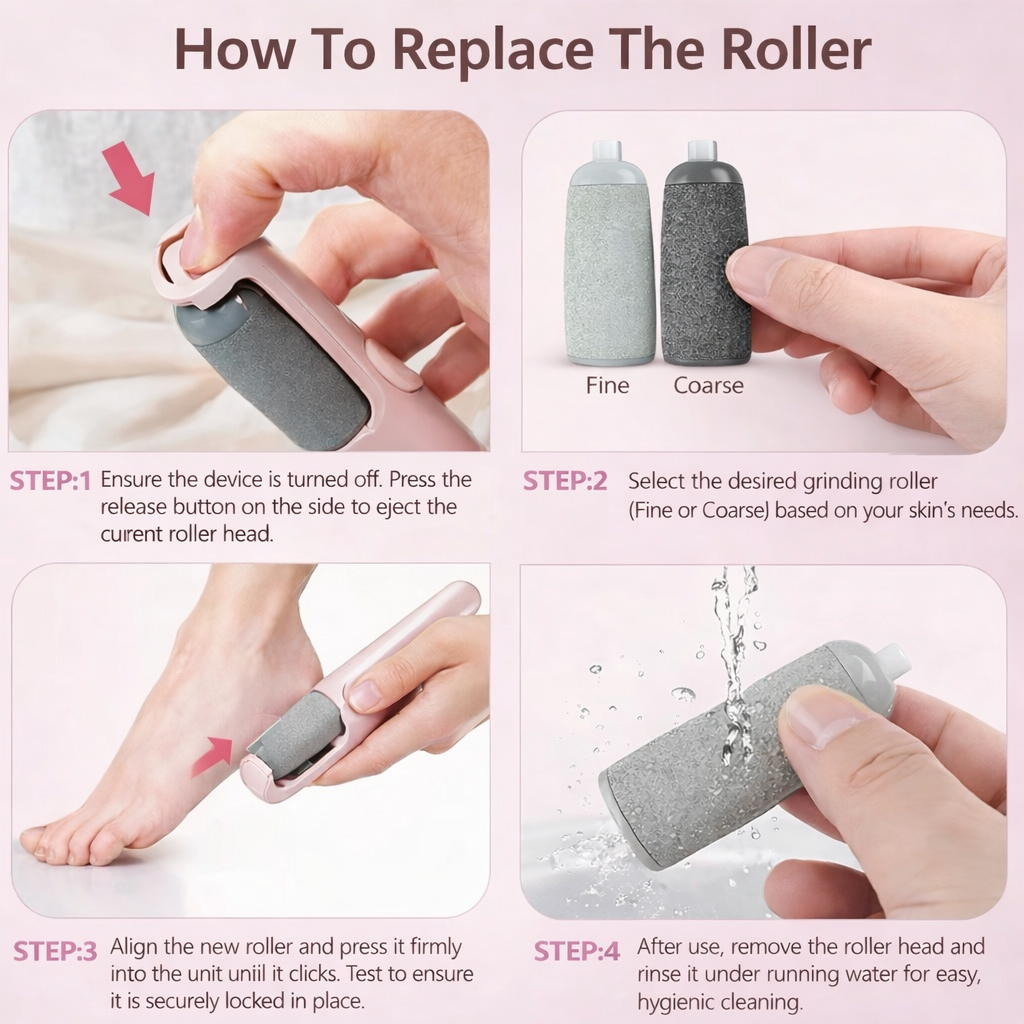 Instructions on how to replace a roller device with images and text.