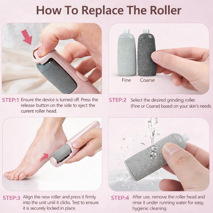 Instructions on how to replace a roller device with images and text.