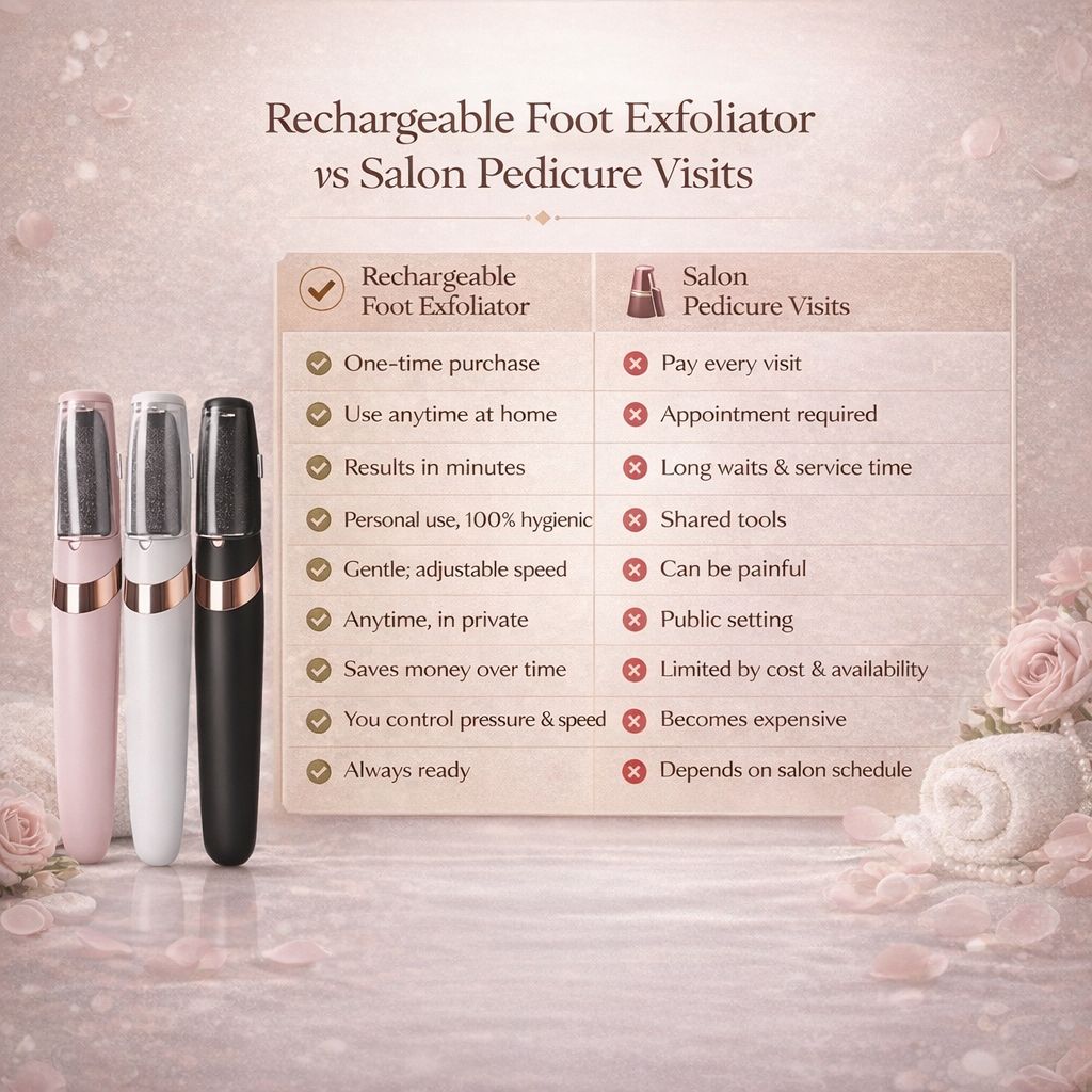 Comparison chart of rechargeable foot exfoliator vs salon pedicure visits with three exfoliators on a decorative background.
