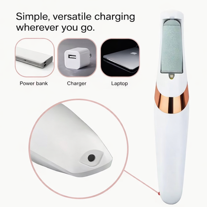 White electronic device with rose gold accents, charging options shown, on a white background