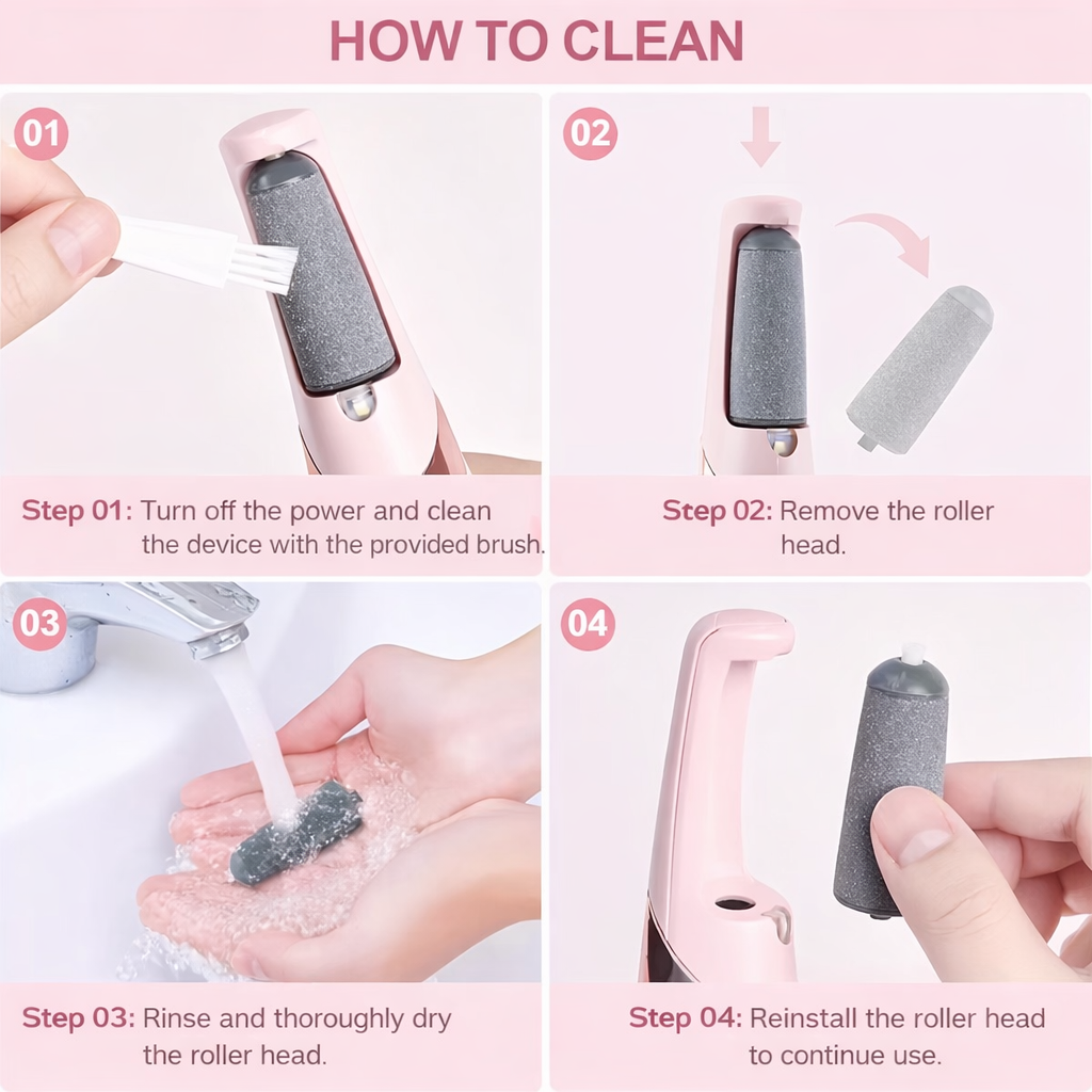 Step-by-step guide on how to clean a device with a roller head, shown in four steps.
