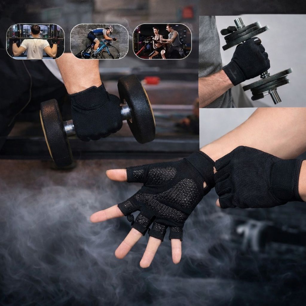 Black workout gloves being used by a person lifting weights with additional images of people exercising.