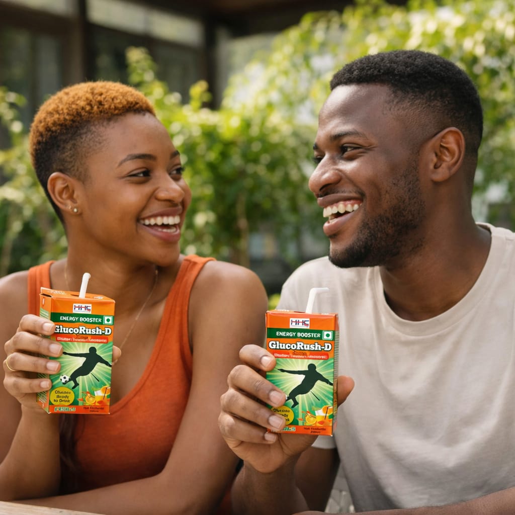 Two people holding boxes of GlucoRush-D supplement outdoors