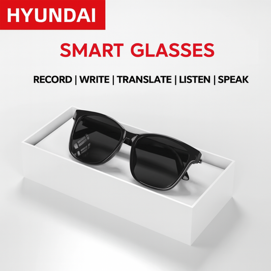 Black smart glasses in a white box with Hyundai branding on a white background