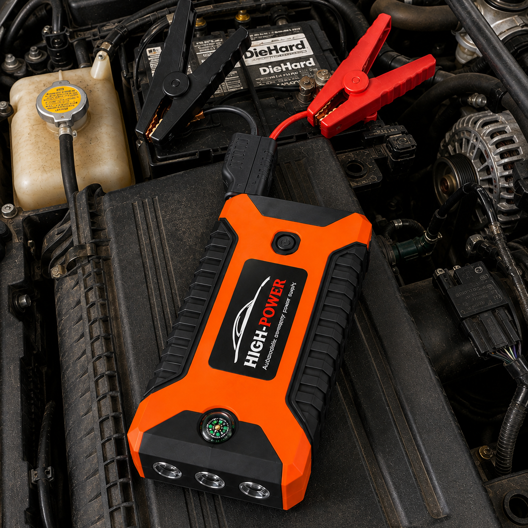 An orange and black portable car jump starter with red and black clamps, shown connected to a car battery in an engine bay.