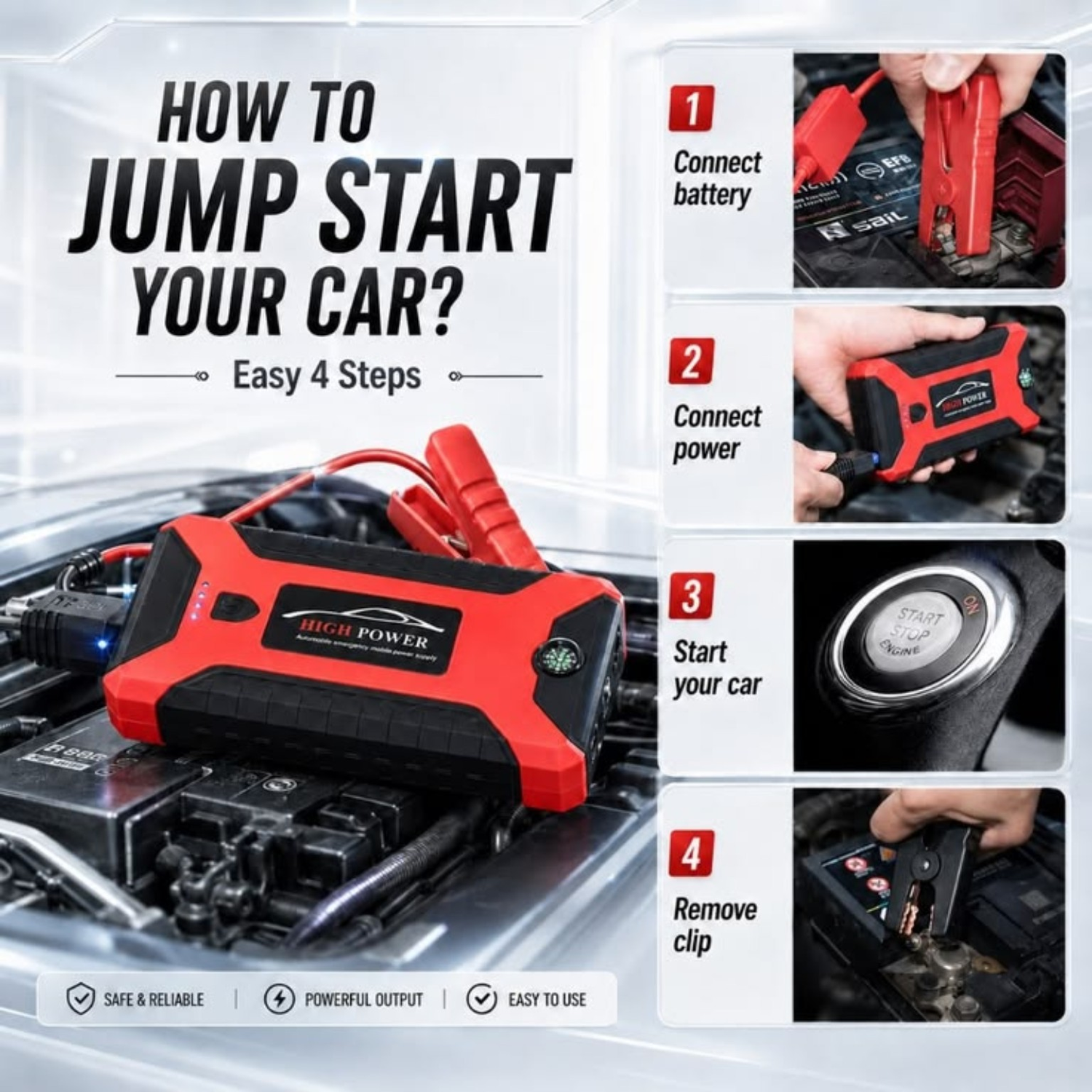 A red and black Hi-Power jump starter car battery shown on an engine bay, with large text reading 'HOW TO JUMP START YOUR CAR? Easy 4 Steps' and a four-step inset diagram showing how to connect battery, power, start your car, and remove the clip.