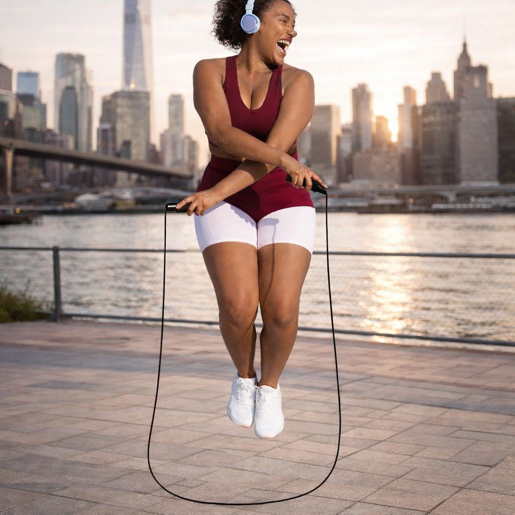Woman jumping rope with a city skyline in the background