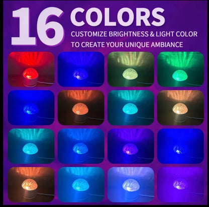 Kruworld™ Aurora Galaxy Projector Lamp showing 16 different color light modes on a purple background