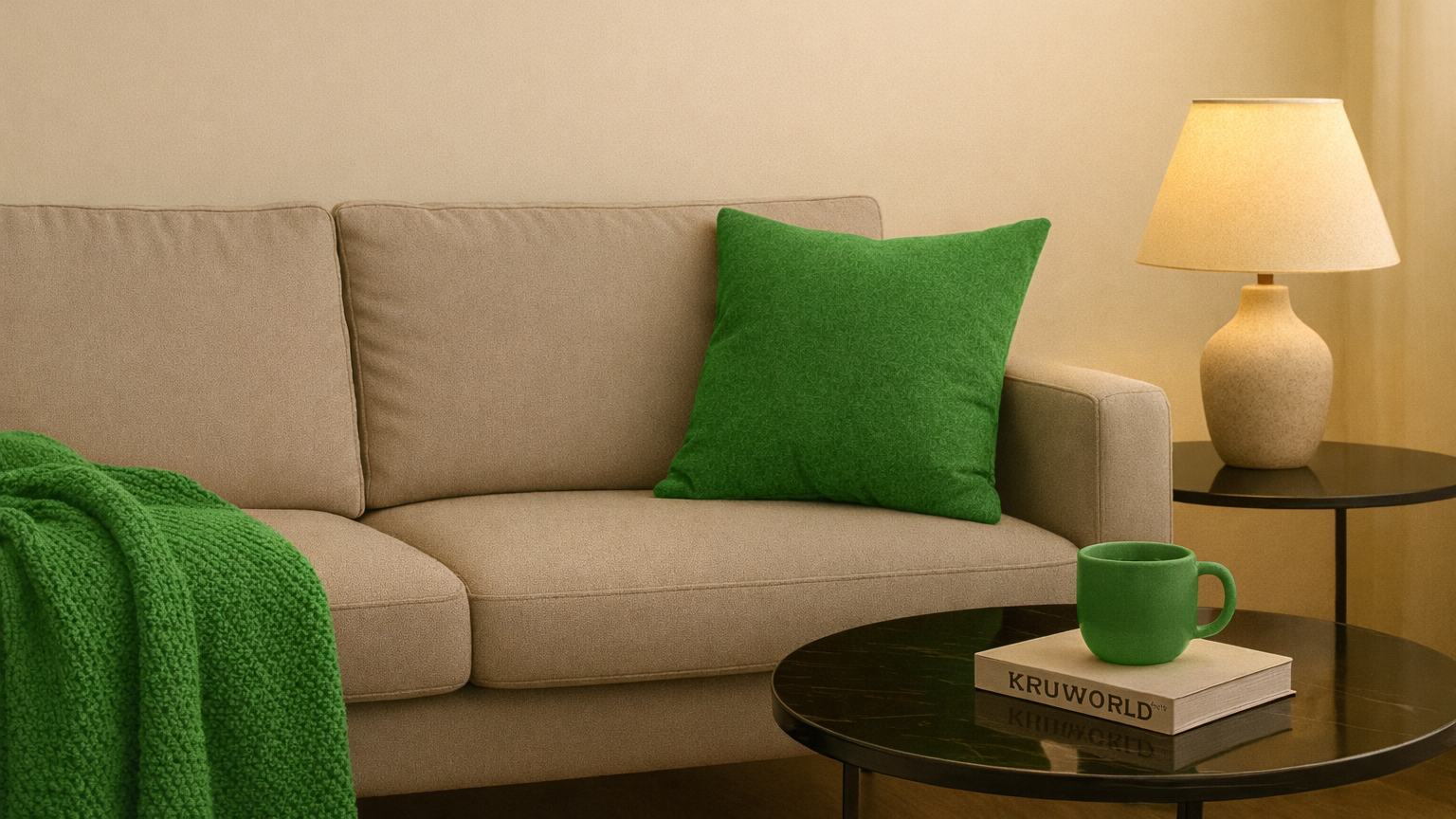 Beige sofa with a green pillow and a green mug on a table in a living room setting.