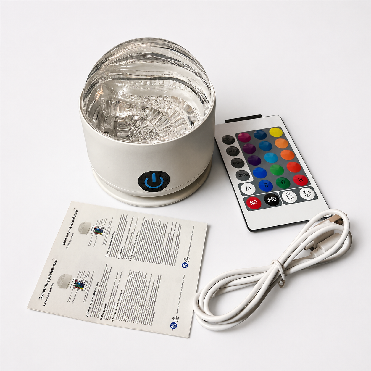 ocean design Decorative lamp with remote control and user manual on a white background