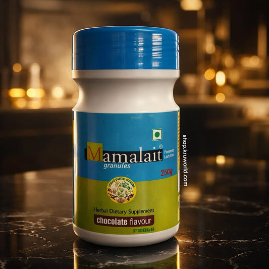 Mamalait granules bottle with blue and white label on a dark surface