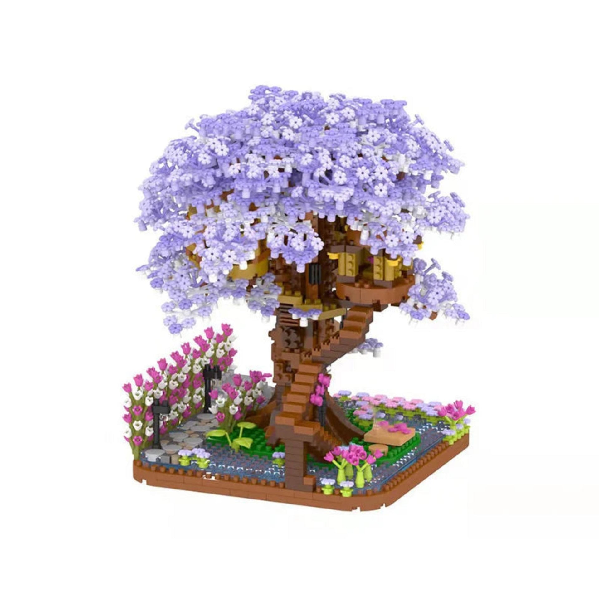 mini sakura treehouse with purple flowers and a white background