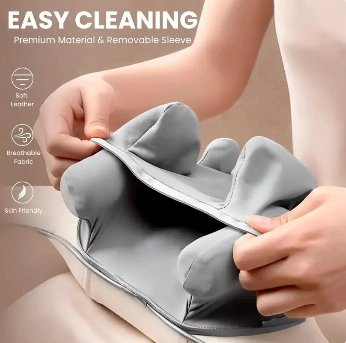 Gray cushion with a person holding it, emphasizing easy cleaning features.
