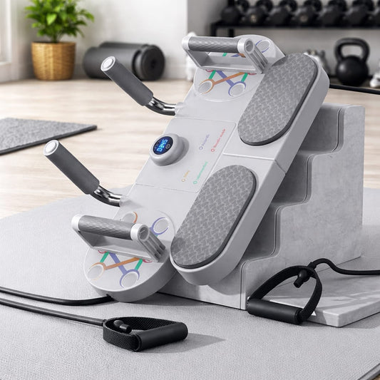 Grey exercise machine with handles on a gray surface in a gym setting