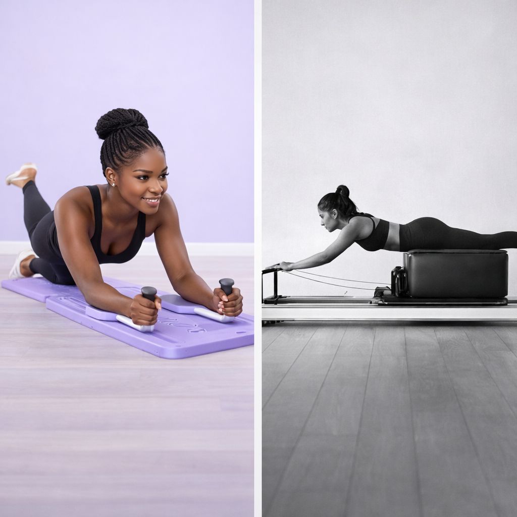 Woman exercising on a reformer machine with a purple mat on a light gray floor.