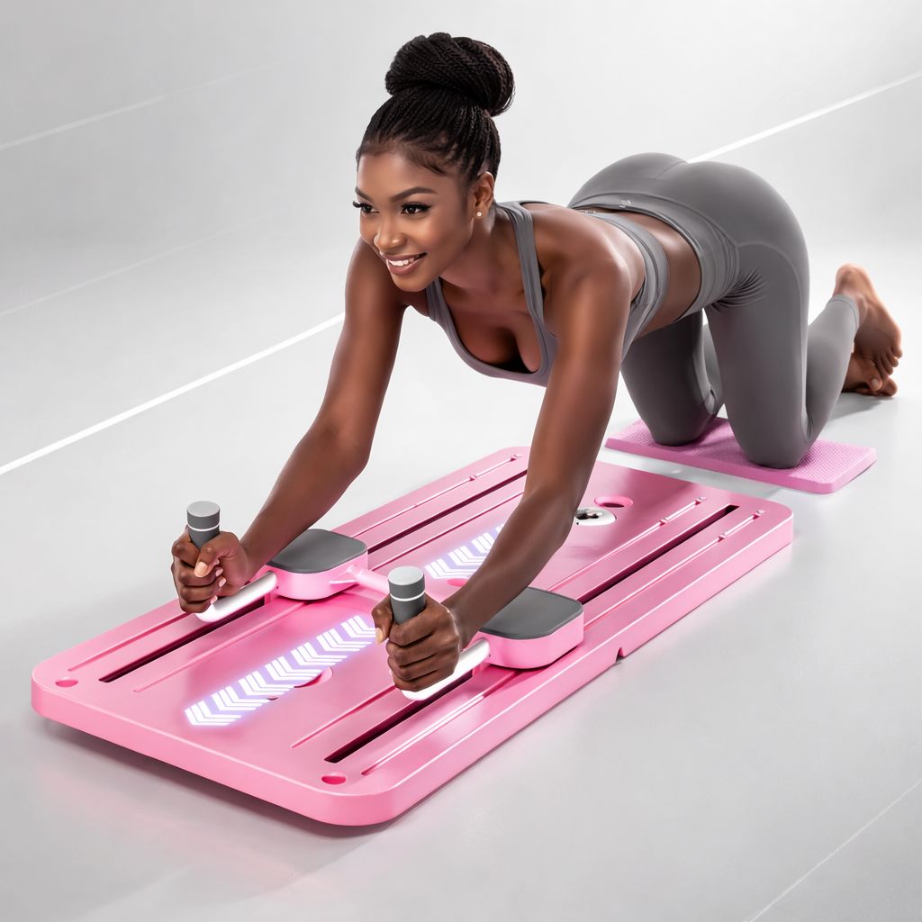 Woman using a pink exercise board on a white floor