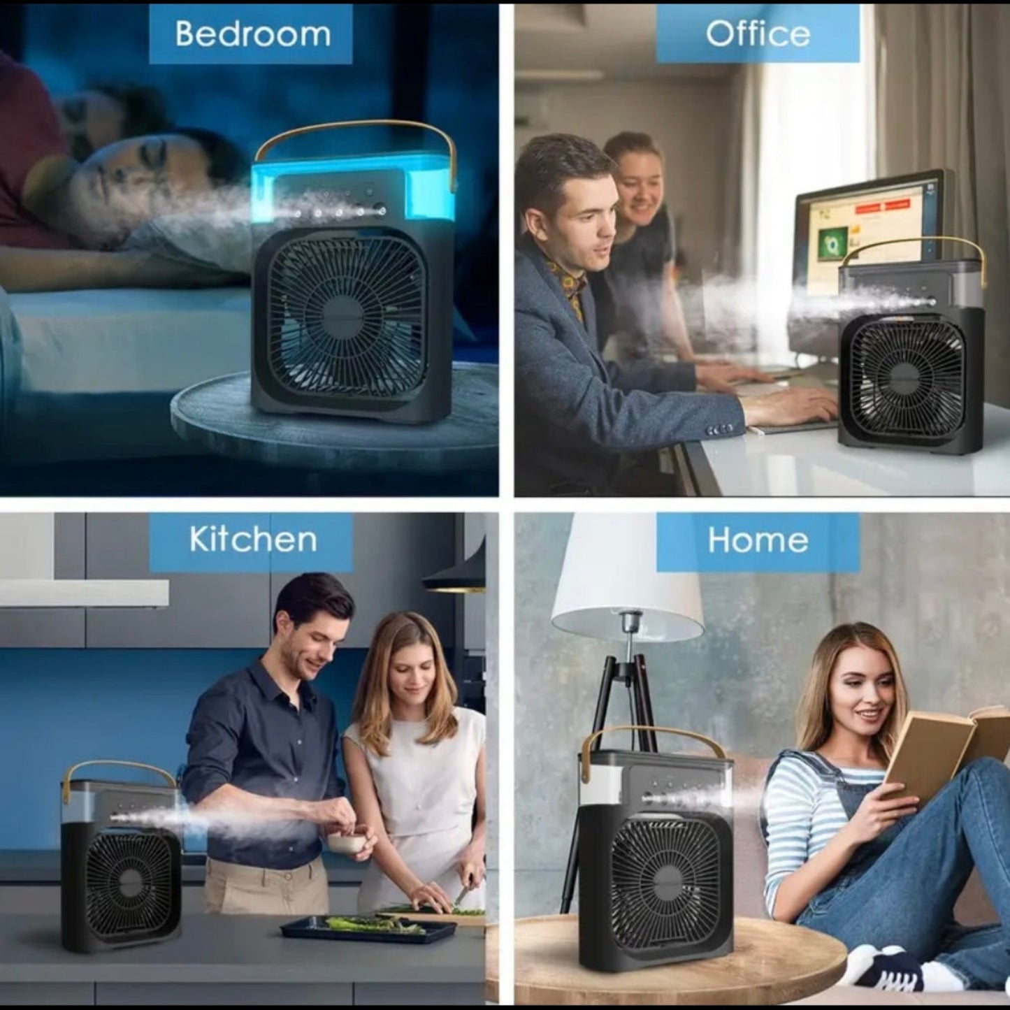 Collage of a portable fan in various settings including bedroom, office, kitchen, and home.
