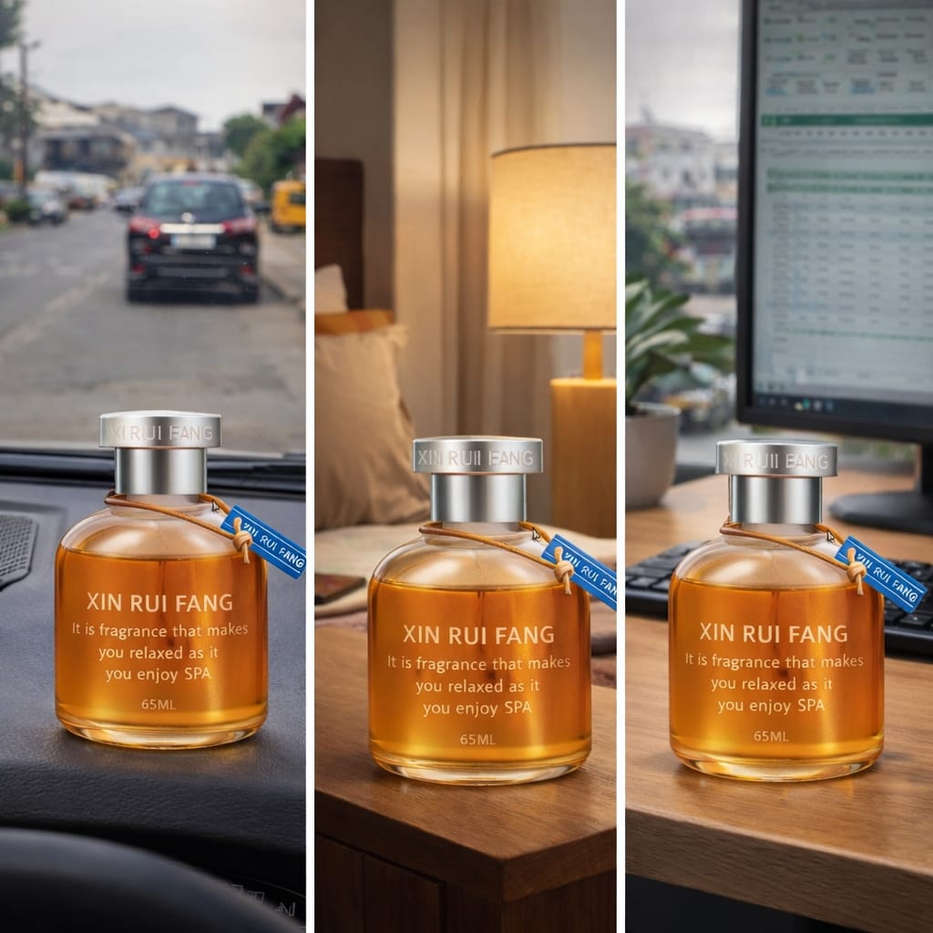 Three scenes with a bottle of Xin Rui Fang perfume on a car dashboard, table, and desk.