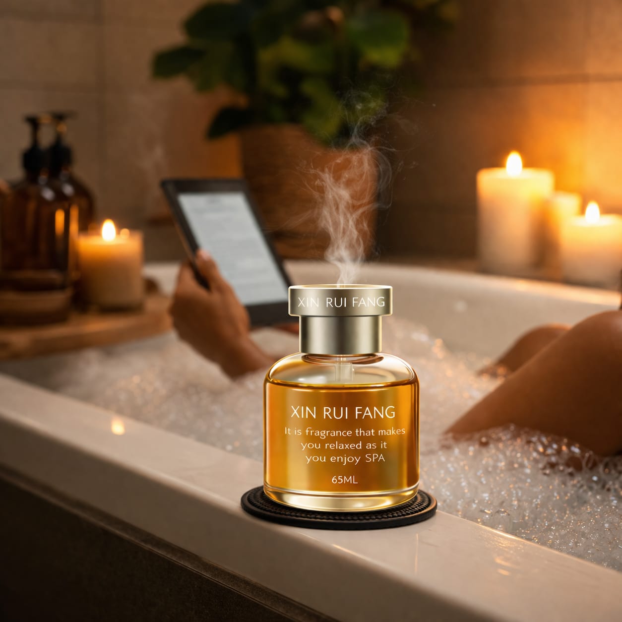 Xin Rui Fang perfume bottle in a relaxing bath setting with candles and a tablet.